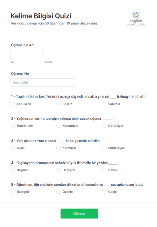 Kelime Bilgisi Quizi Form Şablonu
