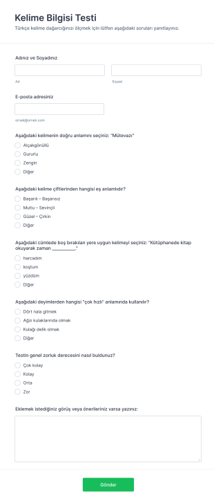 Kelime Bilgisi Testi Form Şablonu