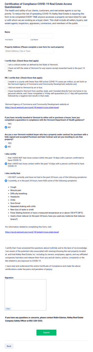 Kelley Real Estate Certification Of Compliance COVID 19 Real Estate Access Questionnaire Form Template