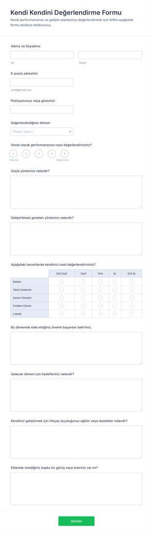 Kendi Kendini Değerlendirme Form Şablonu