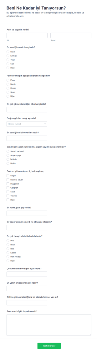 Kendimi Tanıma Anketi Form Şablonu
