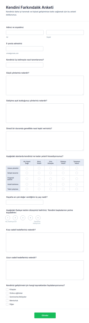 Kendini Farkındalık Anketi Form Şablonu