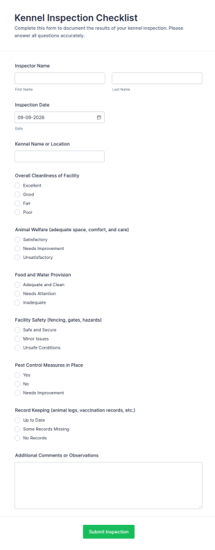 Kennel Inspection Checklist Form Template