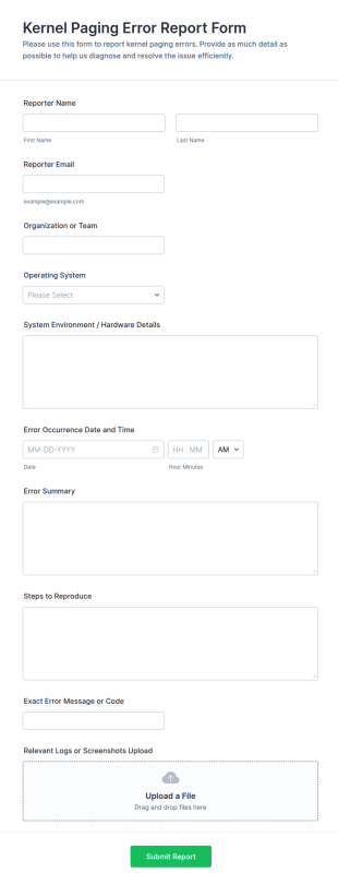 Kernel Paging Error Report Form Template