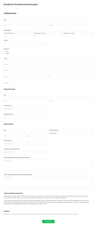 Kesäleirin Yksityiskohtainen Ilmoittautumislomake Form Template