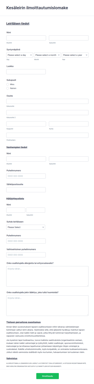 Kesäleirin Yksityiskohtainen Ilmoittautumislomake