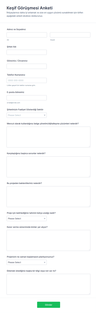 Keşif Görüşmesi Anketi Form Şablonu