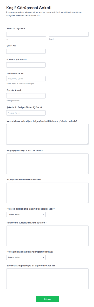 Keşif Görüşmesi Anketi Form Şablonu