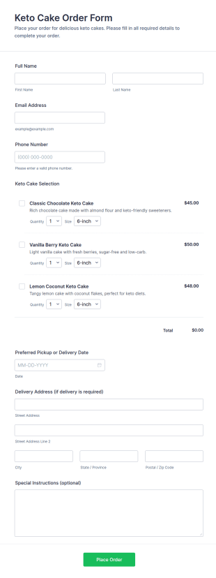 Keto Cake Order Form Template
