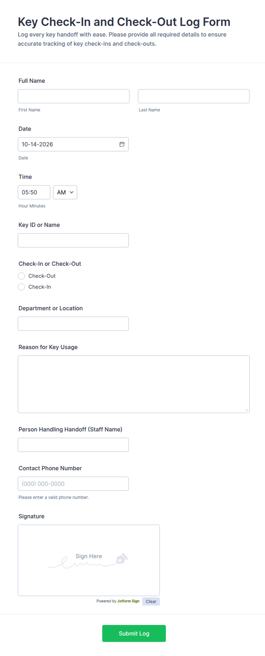 Key Check-In and Check-Out Log Form Template | Jotform