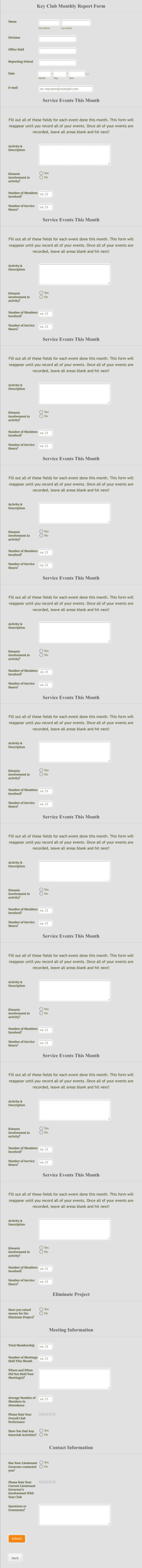 School Club Monthly Report Form Template