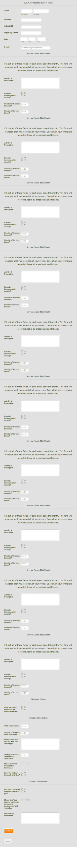School Club Monthly Report Form Template