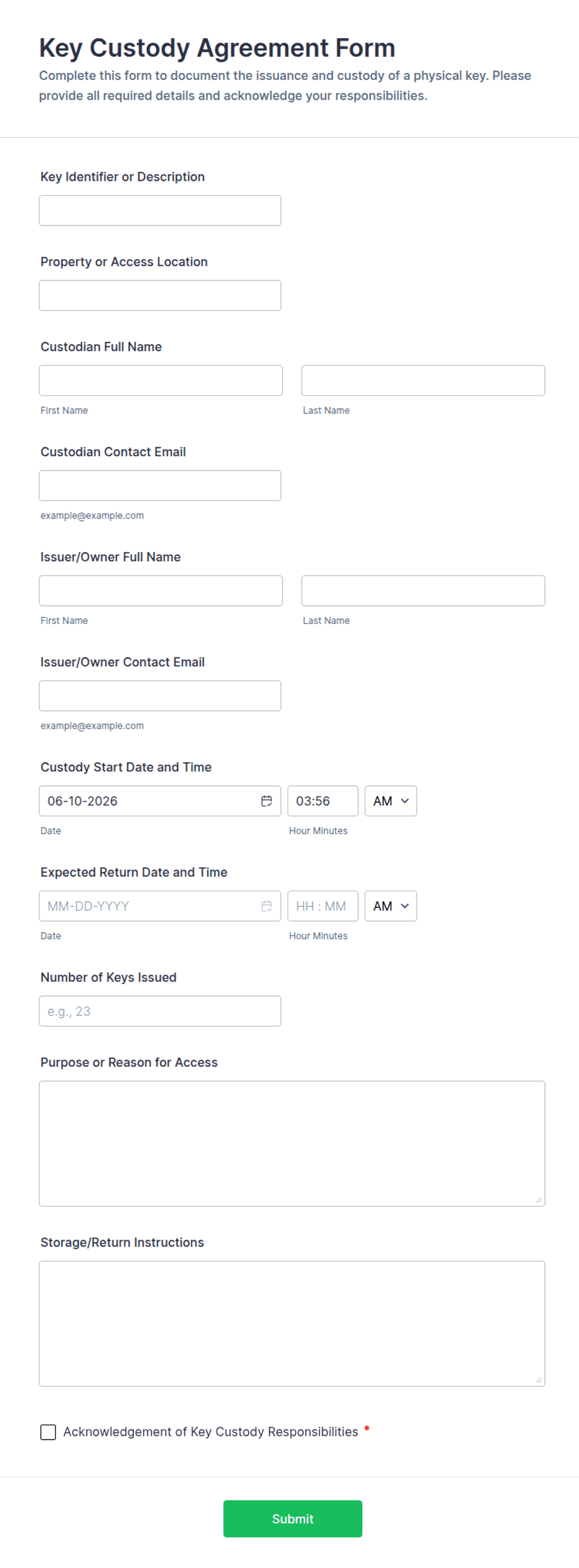 Key Custody Agreement Form Template | Jotform