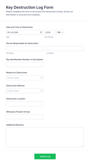 Key Destruction Log Form Template
