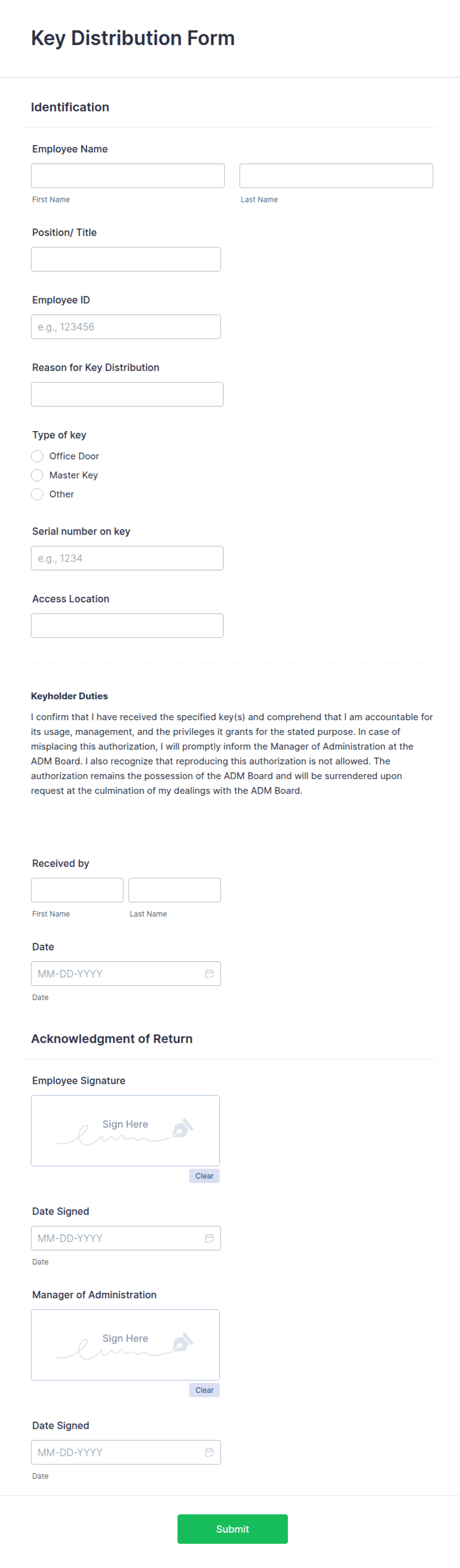 Key Distribution Form Template | Jotform