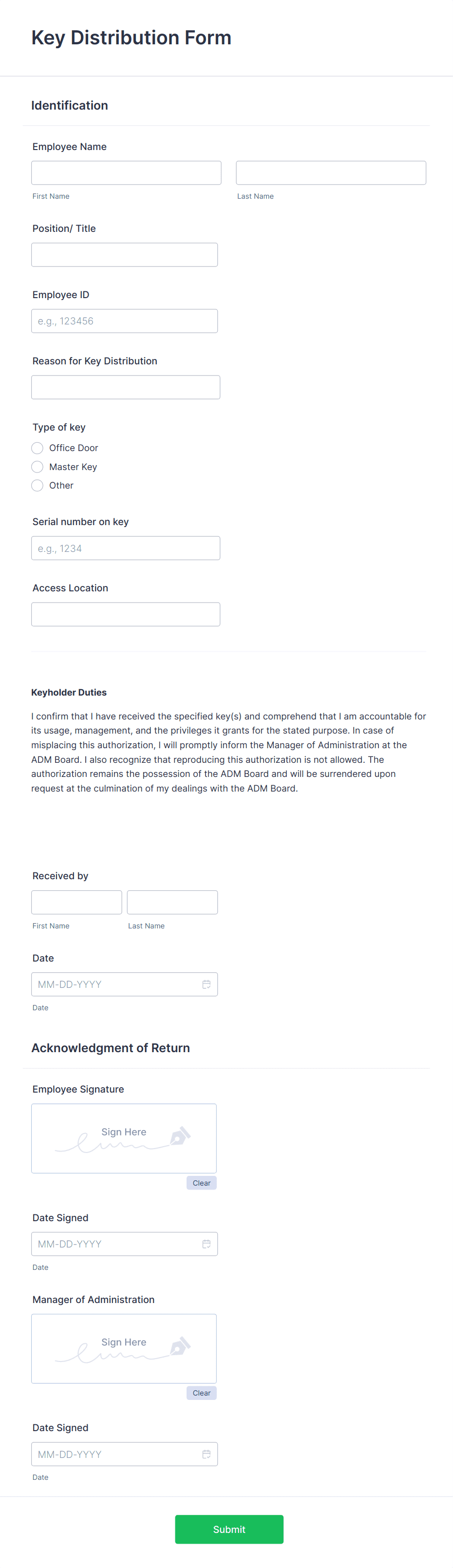 Key Distribution Form Template | Jotform