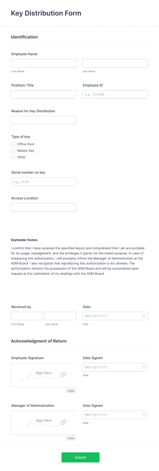 Key Distribution Form Template