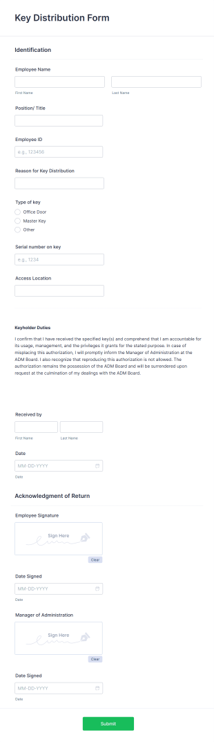Key Distribution Form Template