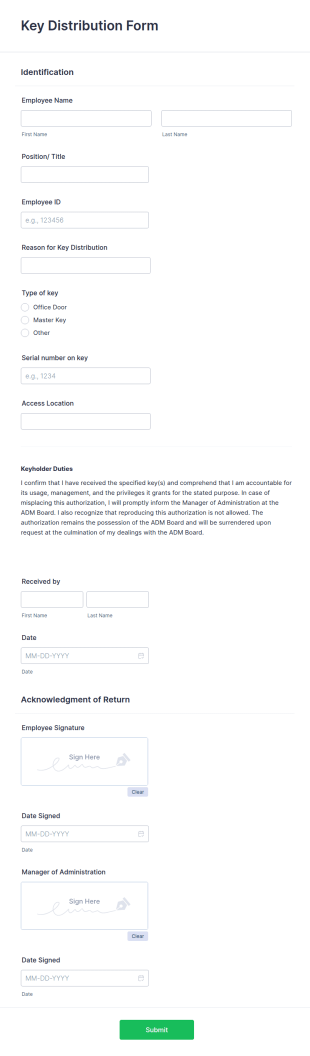 Key Distribution Form Template