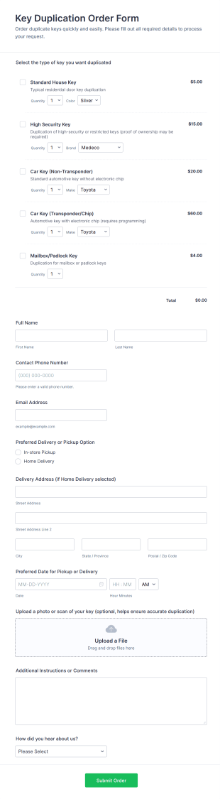 Key Duplication Order Form Template