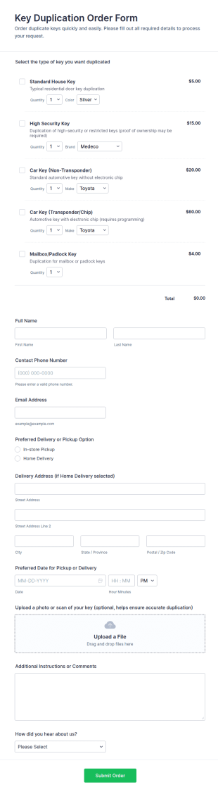 Key Duplication Order Form Template