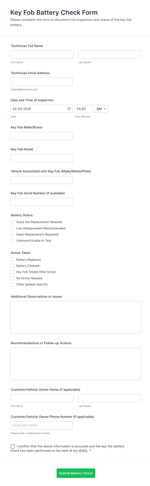 Key Fob Battery Check Form Template