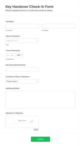 Key Handover Check In Form Template