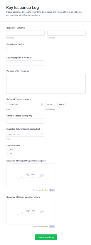 Key Issuance Log Form Template