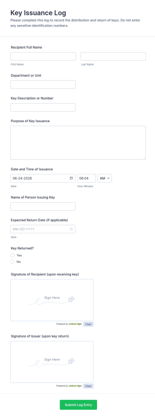 Key Issuance Log Form Template