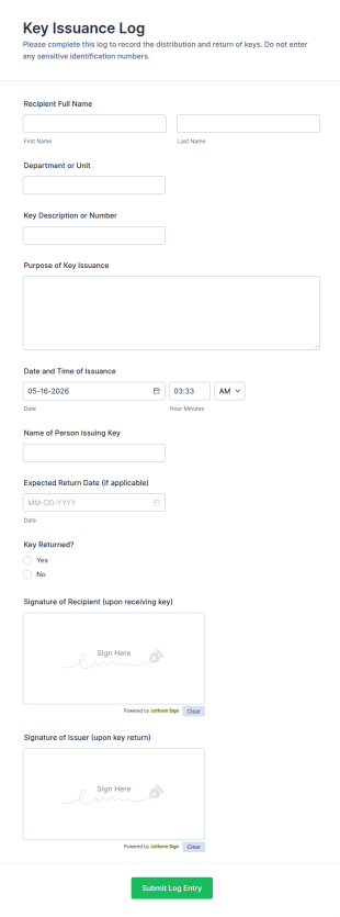 Key Issuance Log Form Template