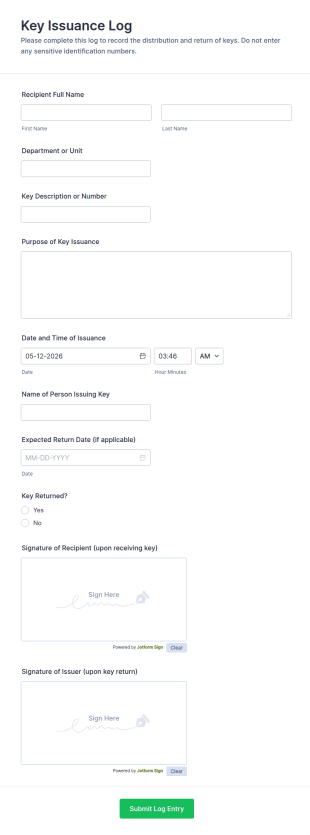 Key Issuance Log Form Template