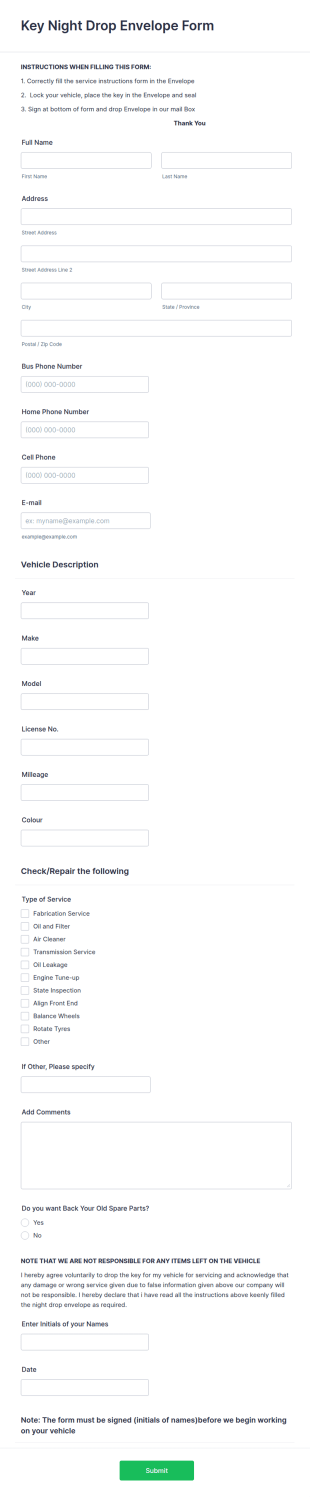 Key Night Drop Envelope Form Template
