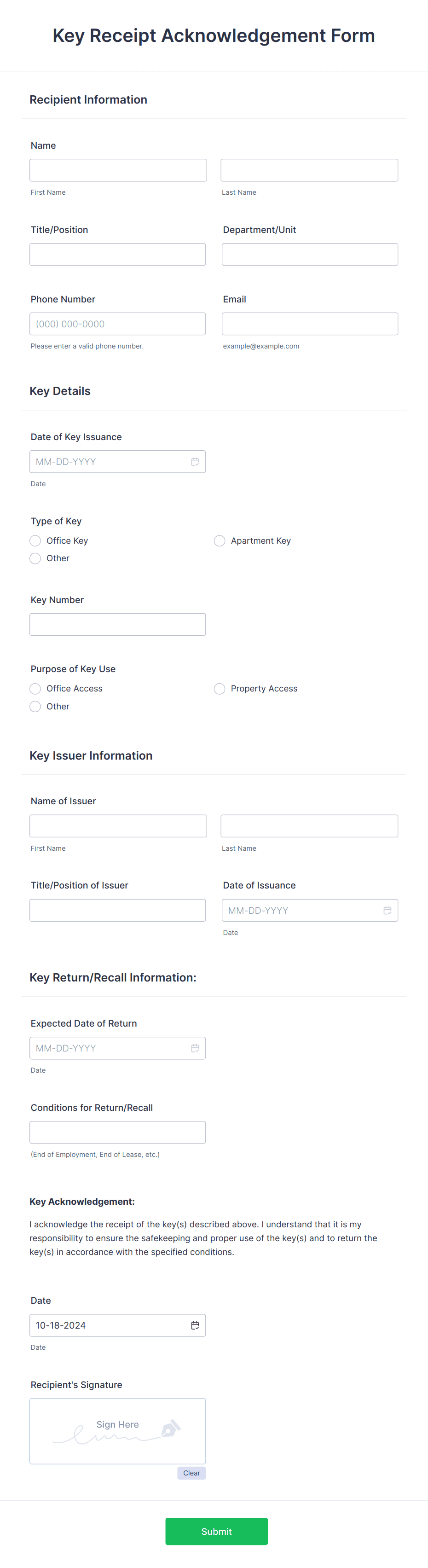 Key Receipt Acknowledgement Form Template | Jotform