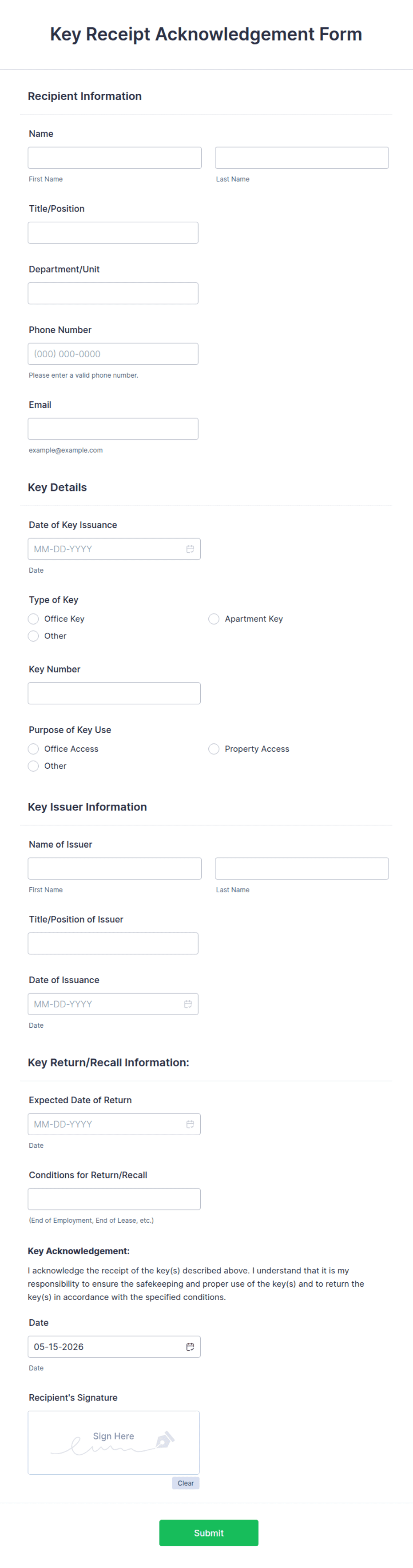Key Receipt Acknowledgement Form Template | Jotform