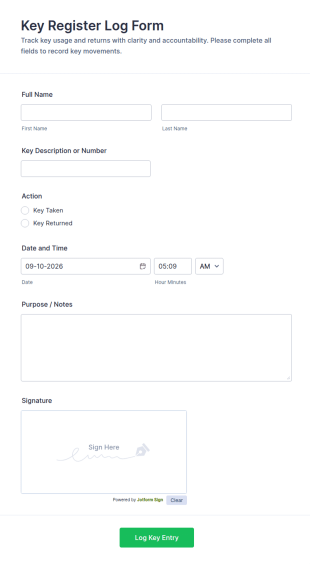 Key Register Log Form Template
