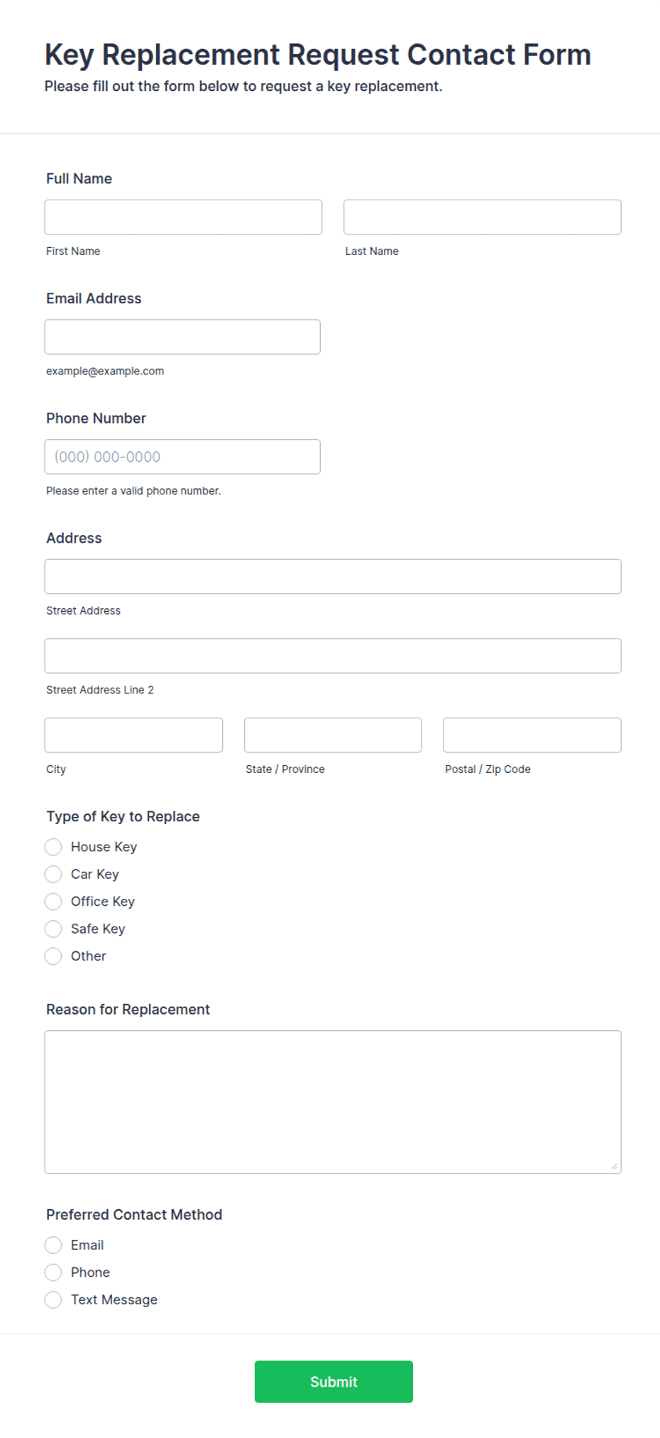 Key Card Request Form Key Replacement Request Contact Form Template | Jotform