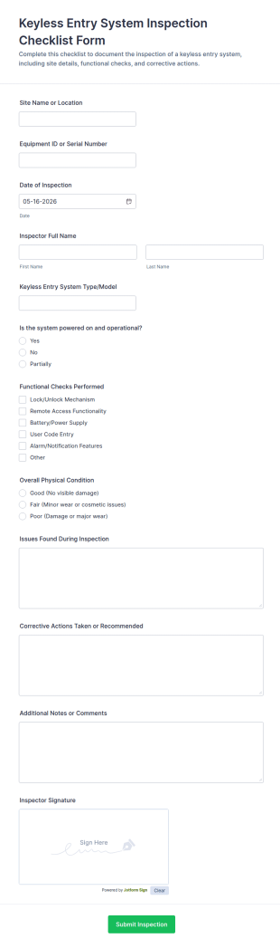 Keyless Entry System Inspection Checklist Form Template