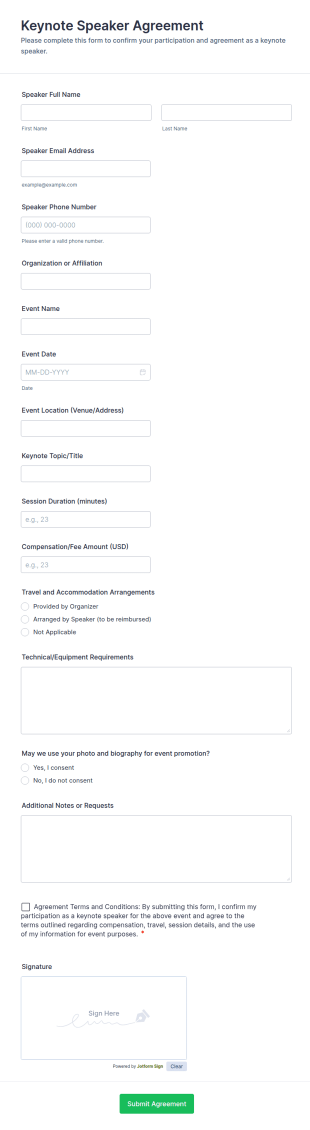 Keynote Speaker Agreement Form Template