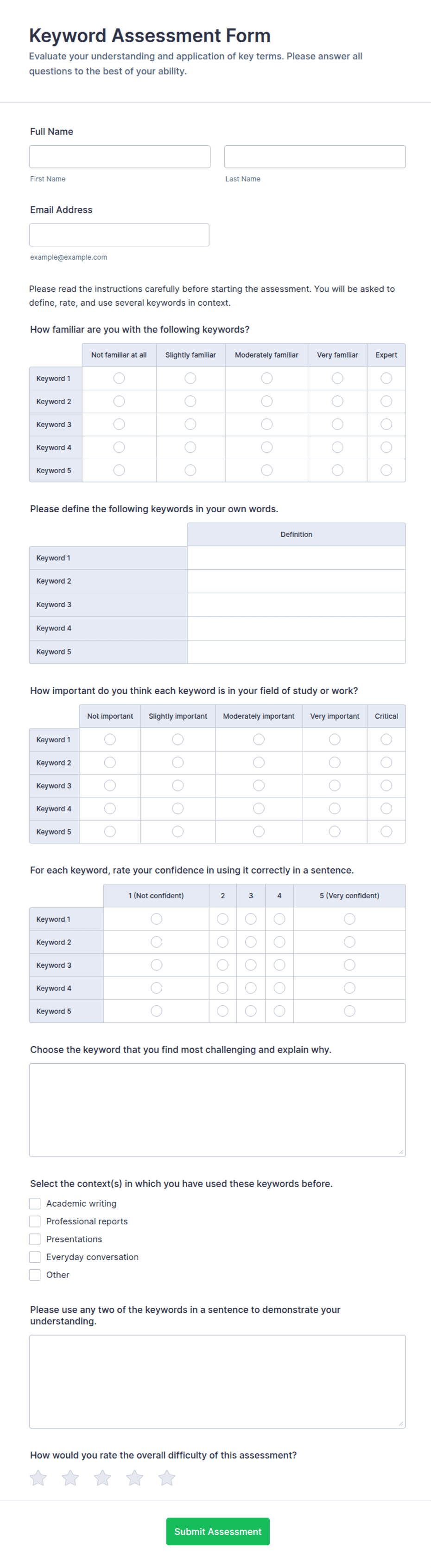 Keyword List Form Example Keyword Assessment Form Template | Jotform