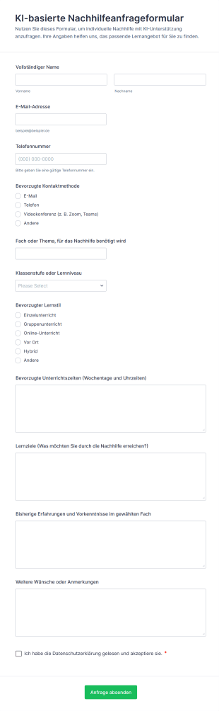 KI Basierte Nachhilfeanfrageformular