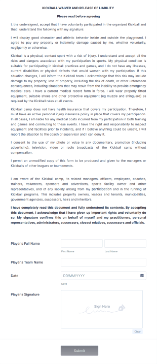 Kickball Waiver Form Template