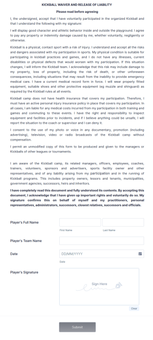 Kickball Waiver Form Template