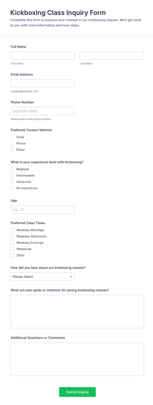 Kickboxing Class Inquiry Form Template