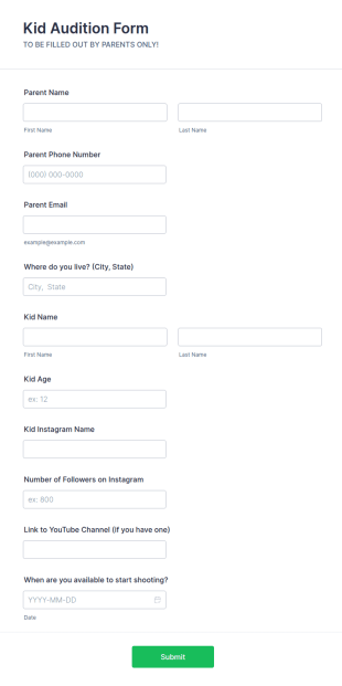 Kid Audition Form Template