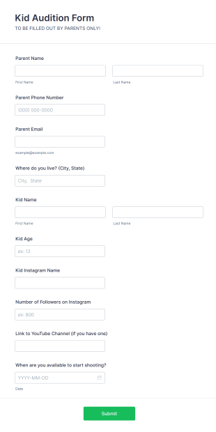 Kid Audition Form Template