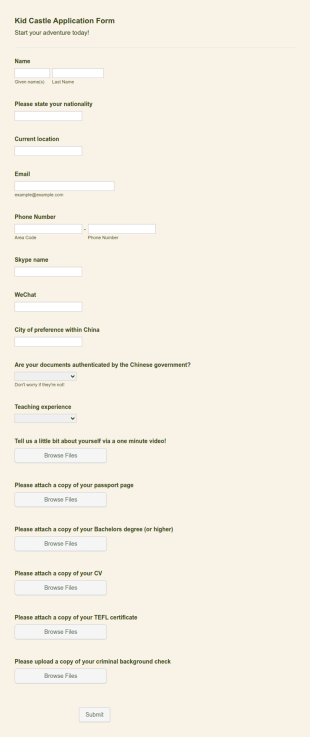 Kid Castle Application Form Template