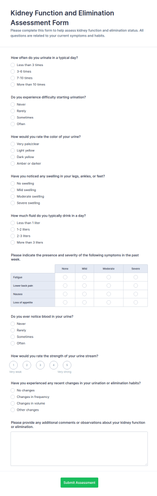 Kidney Function And Elimination Assessment Form Template