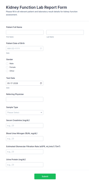 Kidney Function Lab Report Form Template