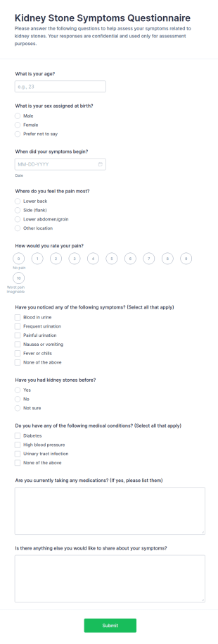 Kidney Stone Symptoms Questionnaire Form Template