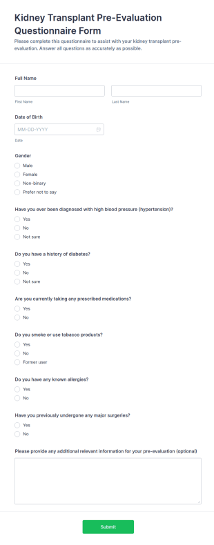 Kidney Transplant Pre Evaluation Questionnaire Form Template
